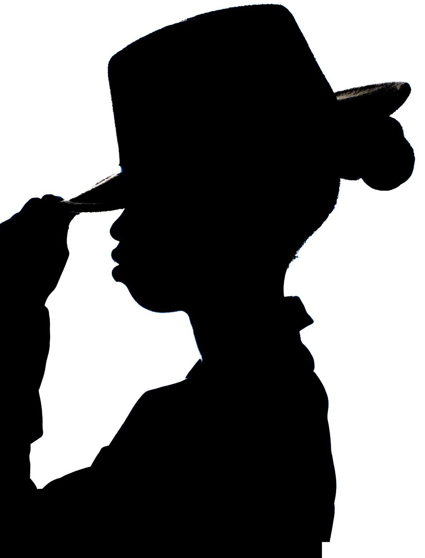 Elegant black silhouette of a person tipping a hat on white background.